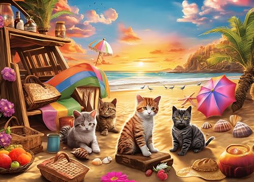 Puzzle 500 Teile – Puzzle für Erwachsene und Kinder ab 14 Jahren - Katzen Sonnenuntergang am Meer von Mulic