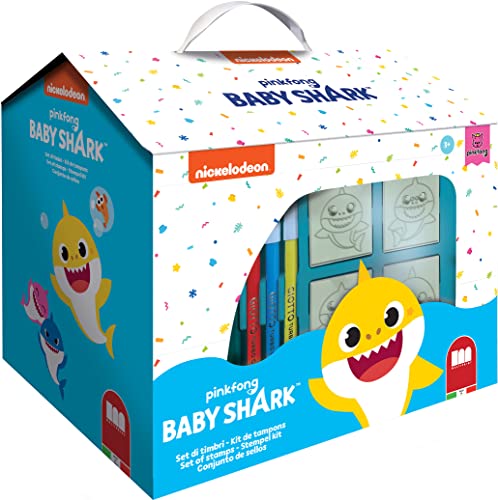 Multiprint Hütte 7 Stempel für Kinder Baby Shark, 100% Made in Italy, Benutzerdefinierte Stempelset Kinder, in Holz und Naturkautschuk, Ungiftige Waschbare Tinte, Geschenkidee, Art.09995 von Multiprint