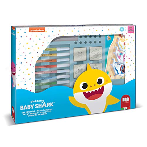 Multiprint Maxi Tasche 7 Stempel für Kinder Baby Shark, 100% Made in Italy, Benutzerdefinierte Stempelset Kinder, in Holz und Naturkautschuk, Ungiftige Waschbare Tinte, Geschenkidee, Art.04995 von Multiprint