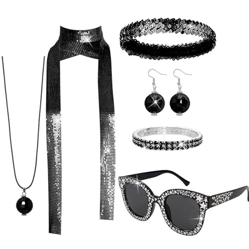 Mumuve 1950er 1960er 1970er 80er Jahre Damen Discos Kostüm Set Lady Discos Zubehör Ohrringe Sonnenbrille Pailletten Stirnband Neacklace Halloween Faschingskostüm von Mumuve