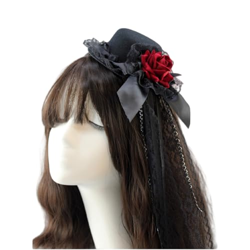 Mumuve Kleiner Hut mit Schleife im Punk-Stil, Haarschmuck mit Rosenblüten, Fascinator, Hut für Cosplay-Partys und Themenveranstaltungen von Mumuve