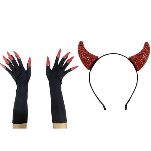 Mumuve Strass Teufelshorn Stirnbänder Halloween Kopfbedeckung Verstellbarer Haarreifen für Halloween Kostüm Zubehör von Mumuve