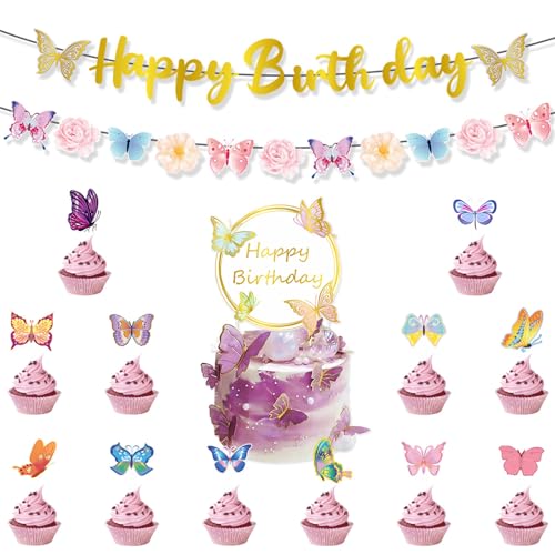 Schmetterlings-Partydekorationsset, Cupcake-Topper, dekorative Banner, Kuchenzubehör, Papierstruktur, geeignet für Festivals Schmetterlings-Partydekorationsset, Cupcake-Topper, dekorative Banner, Kuchenzubehör, Papierstruktur, geeignet für Festivals von Mumuve