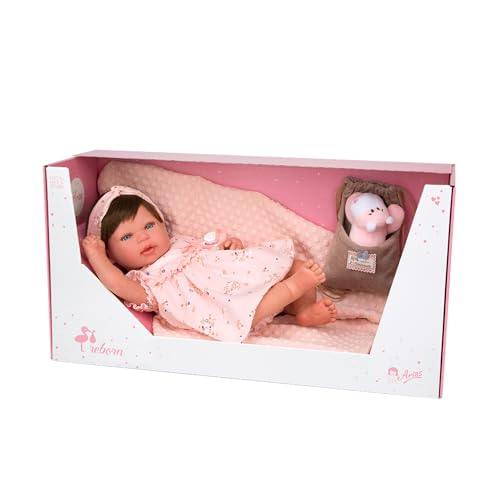 Arias - Esther Reborn Puppe, 45 cm, Baby mit Haaren, rosa Blumenbekleidung, inkl. Decke, Plüschtier, Mehrzwecktasche, Schnuller und Windel, weicher Körper und Gliedmaßen aus Vinyl, 3 Jahre (ARI98083) von Arias