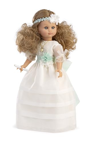 Muñecas Berbesa Kommunionspuppe Fany Kleid, beige Schleife, Türkis von Muñecas Berbesa