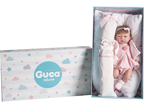 Muñecas Guca Puppe Reborn Daniela 38 cm braunes Haar, rosa Kleid mit weißen Punkten. Muñecas Guca Puppe Reborn Daniela 38 cm braunes Haar, rosa Kleid mit weißen Punkten. von GUCA