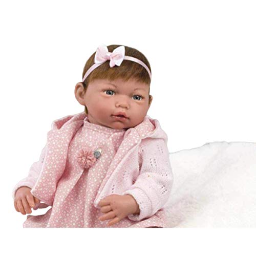 Muñecas Guca Puppe Reborn Daniela 38 cm braunes Haar, rosa Kleid mit weißen Punkten. von GUCA