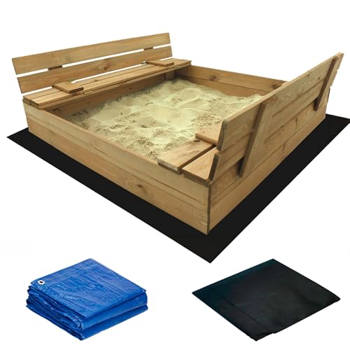 Muntel Sandkasten, Sandkasten Inklusive Bodentuch und Abdeckplane, Kindersandkasten,Sandkiste mit Bank, Holz, Imprägniert, Sitzbank,Mit klappbaren Bänken 120x120x20 cm von Muntel