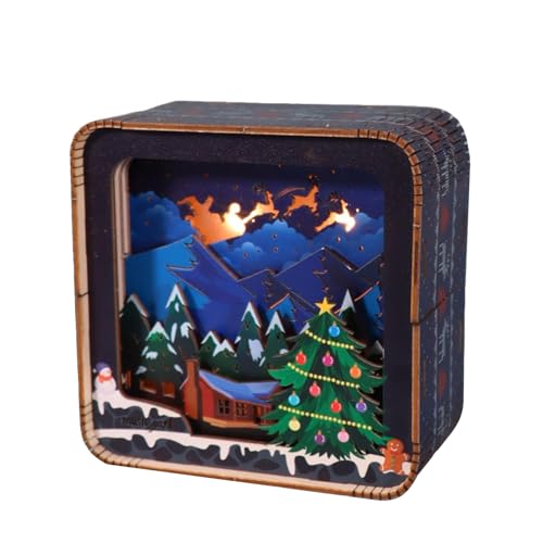 3D Wooden Puzzle Weihnachts Nachtszene mit Licht DIY Rentierschlitten Bausatz für Erwachsene Buntes Geschenk Festliche Deko von Music Park