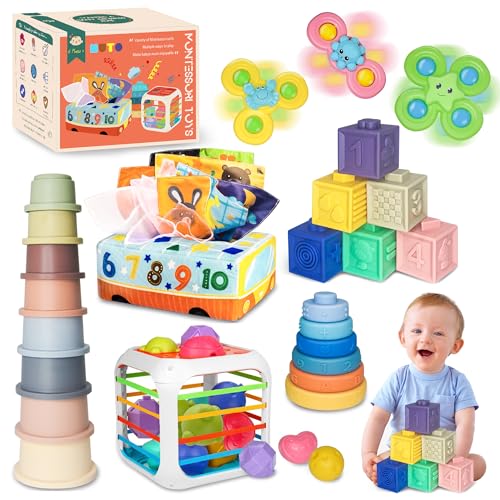 MutoToy® Montessori Spielzeug ab 1 Jahr, 6 in 1 Baby Spielzeug ab 6 9 12 Monate, Motorikspielzeug mit Stapelturm, Stapelbecher Baby, Sensorik Spielzeug, Softbausteine, Saugnapf Spielzeug, Tücherbox von MutoToy