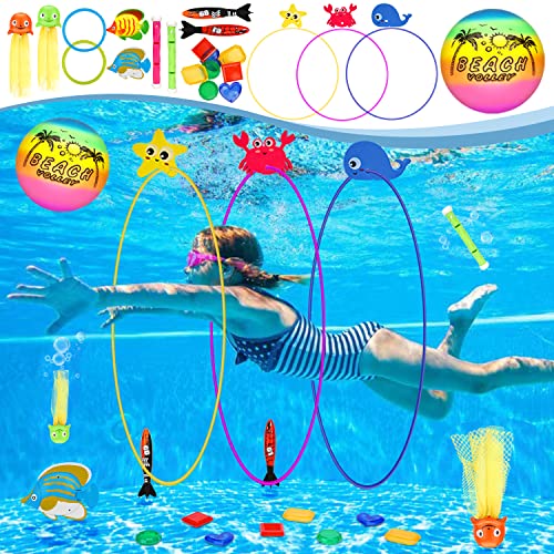 MutoToy® Tauchspielzeug Set, 27PCS Wasserspielzeug Kinder Outdoor Tauchringe für Kinder mit Spielball Tauchstöcke Edelsteine Pool Spielzeug Schwimmspielzeug für Tauchtraining Poolparty Schwimmbad von MutoToy