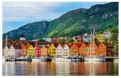 Hanseatic Wharf in Bergen Norwegen Holzpuzzles für Erwachsene 1000 Teile Puzzle Bergen Norwegen Bryggen Puzzle 76,2 x 50,8 cm von Muyankissu