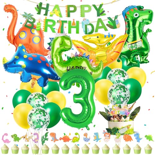 Muyohix Dino Geburtstag Deko 3 Jahre, 39 Stück Dino Deko Kindergeburtstag, XXL Dinosaurier Geburtstagsdeko Jungen 3 Jahre, Luftballons Grün Gelb für Dinosaurier Dschungel Party Kindergeburtstag von Muyohix