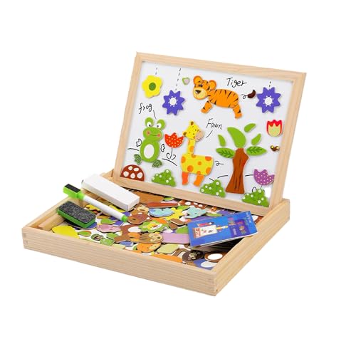 Magnetisches Holzpuzzle,Doppelseitige Staffelei,Holzbrett Doodle,Lernspielzeug für Kinder mit Wald-und Tiermotiven-4 von Muzboo