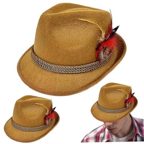 Muzrunq Festivalhut, Oktoberfest Herren Fedora Hüte mit Federn, 2pcs Classic Retro Caps für Halloween Dress Up, Bierfestival -Rollenspiel, Khaki von Muzrunq