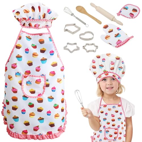Muzrunq Kids Chef Set (11PCS), Tref Play Kids Backsets für Mädchen mit Schürze, Kochhut, Kochhandschuh und Ausstechform, Kochmütze und Schürze für Kinder als Geburtstagsgeschenk für Mädchen von Muzrunq