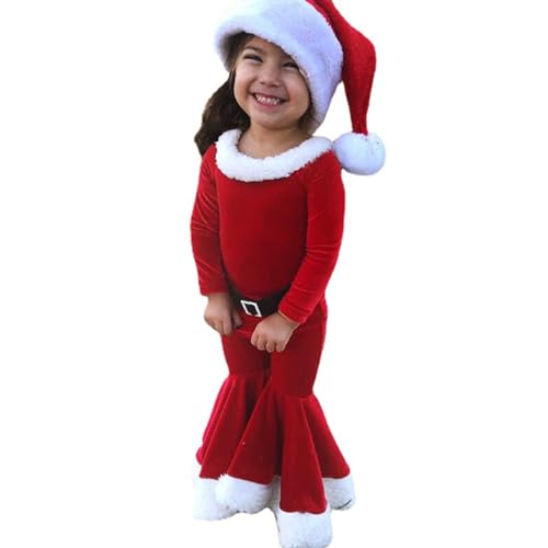 Muzrunq Mädchen Weihnachts -Outfit Santa Claus Kostüm mit Langarm -Flare -Hosen und Hut Weihnachtsmann Elf Kostüm für Mädchen Weihnachts -Cosplay -Kostüm für Höhe 31,5 Zoll 3pcs/Set von Muzrunq