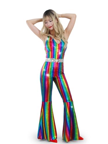Muztagata Disco-Outfit, 70er-/80er-Jahre-Stil, glitzernd, ausgestellter Overall, Party, Kostüm, Halloween, Cosplay, für Erwachsene, Damen, Größe S Muztagata Disco-Outfit, 70er-/80er-Jahre-Stil, glitzernd, ausgestellter Overall, Party, Kostüm, Halloween, Cosplay, für Erwachsene, Damen, Größe S von Muztagata