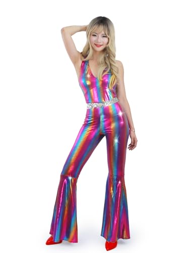 Muztagata Disco-Outfit, 70er-/80er-Jahre-Stil, glitzernd, ausgestellter Overall, Party-Kostüm, Halloween, Cosplay, für Erwachsene, Damen, Größe M von Muztagata