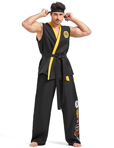 Karate-Kostüm für Erwachsene, Herren, Halloween-Kostüme, Kampfsport, Sport, Gi-Uniform-Set, schwarzer Gürtel, Stirnband, Übergröße, Anzug-Outfit von Mviz