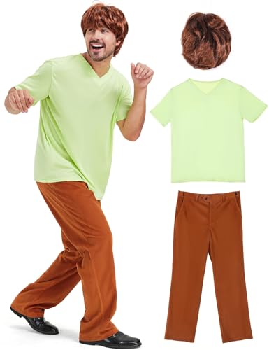 Mviz Erwachsenenkostüm für Herren, klassisches Retro-Cartoon-Slacker-Outfit mit grünem T-Shirt, brauner Hose, Perücke, lustiges Mystery-Cosplay von Mviz