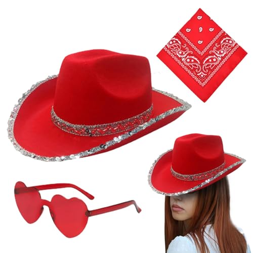 Mwkbbn Cowgirl-Kostüm für Damen, glitzernder Cowboyhut mit Herz-Brille und Bandana, 3 Cowgirl-Pack, Karnevalskleid-Zubehör, 37 x 29 x 14 cm, Material für Partyverkleidungen Mwkbbn Cowgirl-Kostüm für Damen, glitzernder Cowboyhut mit Herz-Brille und Bandana, 3 Cowgirl-Pack, Karnevalskleid-Zubehör, 37 x 29 x 14 cm, Material für Partyverkleidungen von Mwkbbn