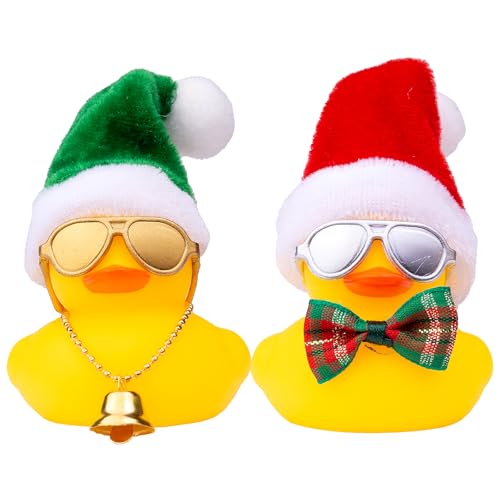 Mwmoeen Gummi Enten Auto Dekorationen, 2 Stück Weihnachten Gummi Ente Auto Armaturenbrett Dekorationen Mit Weihnachtsmütze und Einer Sonnenbrille und Mini Schal Passend für Auto, Haus Dekoration von Mwmoeen