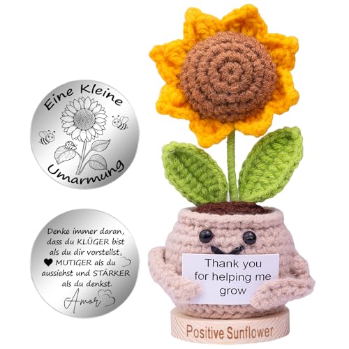 Mwmoeen Lustige Pocket Hug Positive Sonnenblume, Kreative Pocket Hug Positive Kartoffel und Kleine Umarmung Glücksbringer (Silber), Spezieller Holzsockel，Beste Freundin Geschenk für Frauen von Mwmoeen