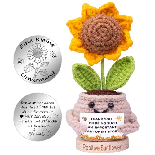 Mwmoeen Lustige Pocket Hug Positive Sonnenblume, Kreative Pocket Hug Positive Kartoffel und Kleine Umarmung Glücksbringer (Silber), Spezieller Holzsockel，Beste Freundin Geschenk für Frauen von Mwmoeen