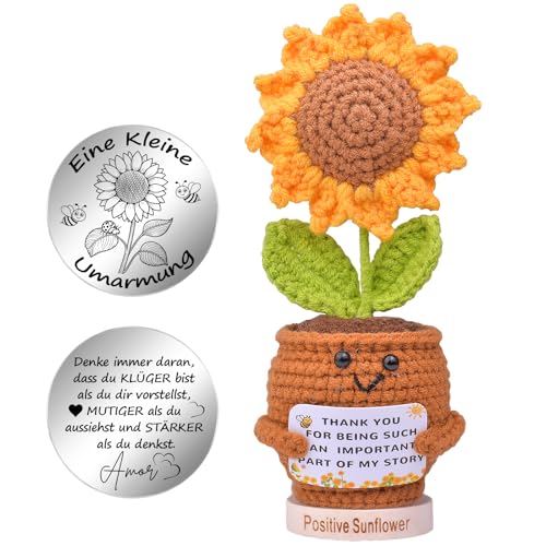 Mwmoeen Lustige Pocket Hug Positive Sonnenblume, Kreative Pocket Hug Positive Kartoffel und Kleine Umarmung Glücksbringer (Silber), Spezieller Holzsockel，Beste Freundin Geschenk für Frauen von Mwmoeen