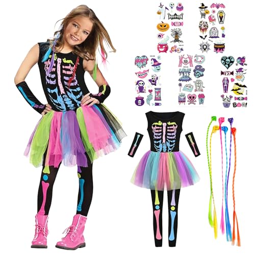 MxsFrundel 15 Stü Skelett Kleid Buntes Set,(Drei Größen, Körpergröße 102-152 cm) Halloween Kostüm skelett Mädchen,Kostüm Deko Halloween(Größe S:Höhe 102–115 cm, 4–6 Jahre) von MxsFrundel