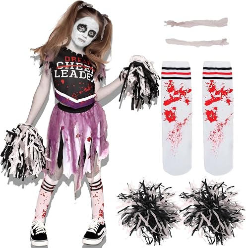 MxsFrundel 2025 Neu Furcht Cheerleader Kostüm Lila(Vier Größen Höhe 110-164cm),Mädchen Must have Halloween Kostüm,Kinder Zombie Cheerleadern (Größe L: Höhe 140–152 cm, 10–12 Jahre) von MxsFrundel