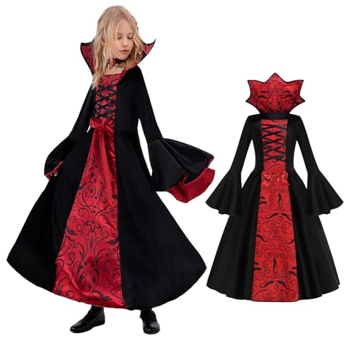 MxsFrundel 5 Stü Luxus Vampir Kleid Mädchen,(Drei Größen, Körpergröße 110-145cm) Halloween Anmut Gotisch Kostüm,Halskette,Tattoos Aufkleben(Größe S:Höhe 110–120 cm, 5–7 Jahre) von MxsFrundel