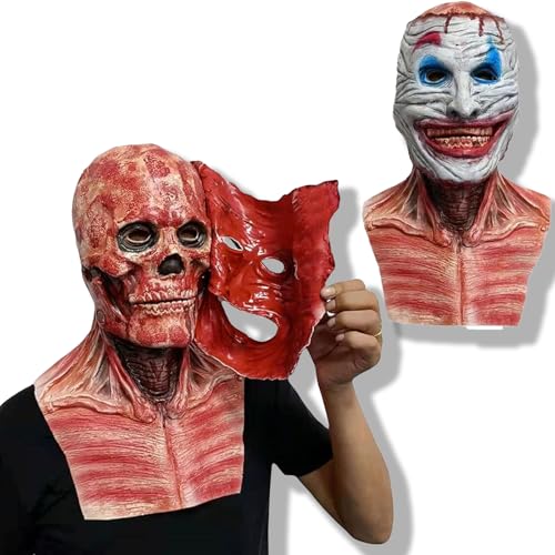 MxsFrundel Halloween Masken Horror 2025, Clown Totenkopf Maske (Bis 60 cm Kopfumfang), Doppelte Schicht Abziehbare Oberfläche, Beweglichem Kiefer, für Cosplay, Gruselpartys, Karneval, Erwachsene (Rot) von MxsFrundel