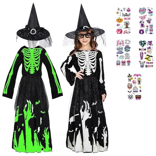 MxsFrundel Hexenkostüme für Mädchen, Hexen Skelett Kinder Leuchtend, Prinzessin Skelett Kostüm, Hexen Kostüm mit Hexenhut, Halloween Kinderaufkleber, für Halloween Kostümpartys (Größe S von MxsFrundel