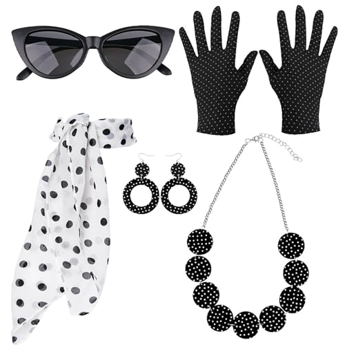 Mxshc 50er-Jahre-Set für Damen, gepunktet, Handschuhe, Halskette, Stirnband, Dekoration, 50er-Jahre-Retro-Katzenaugen-Brille, Kostüm-Outfit, Disco-Outfit für Damen, Mädchen, Familie Mxshc 50er-Jahre-Set für Damen, gepunktet, Handschuhe, Halskette, Stirnband, Dekoration, 50er-Jahre-Retro-Katzenaugen-Brille, Kostüm-Outfit, Disco-Outfit für Damen, Mädchen, Familie von Mxshc