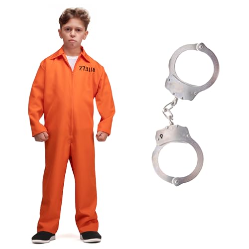My Illusions Gefangenenkostüm für Kinder, mit Handschellen, Sträfling, Overall, Outfit, Welttag des Buches oder Halloween, Größe L (8–10 Jahre) von My Illusions