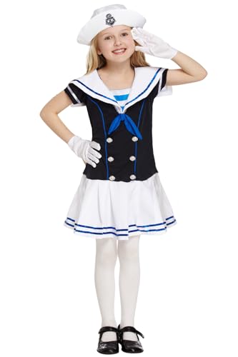 My Illusions Matrosenmädchen-Kostüm, Uniform, nautisches Kleid für den Buchtag, Marineblau, Kinderkostüm, Halloween, Kinder-Outfit (Größe L 10–12 Jahre) von My Illusions