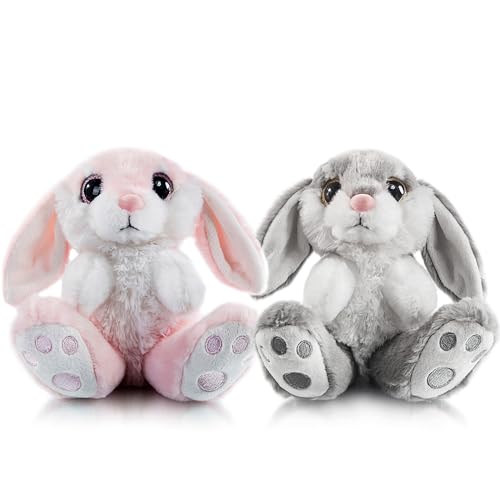 My OLi Kuscheltiere Osterhase 2 Stück Plüsch Hase 18cm Floppy Ohren Sitting Stofftier Hase Ostergeschenke für Kinder Babys Jungen Mädchen, Grau & Rosa Farbe von My OLi