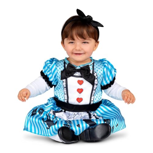 My Other Me Alicia Baby-Kostüm für Mädchen, Größe 12 – 24 Monate, inklusive weißem Kleid mit blauen Streifen, Puffärmel, Druck der Schürze mit Knöpfen, integriertem Gürtel, Stirnband mit schwarzer My Other Me Alicia Baby-Kostüm für Mädchen, Größe 12 – 24 Monate, inklusive weißem Kleid mit blauen Streifen, Puffärmel, Druck der Schürze mit Knöpfen, integriertem Gürtel, Stirnband mit schwarzer von My Other Me