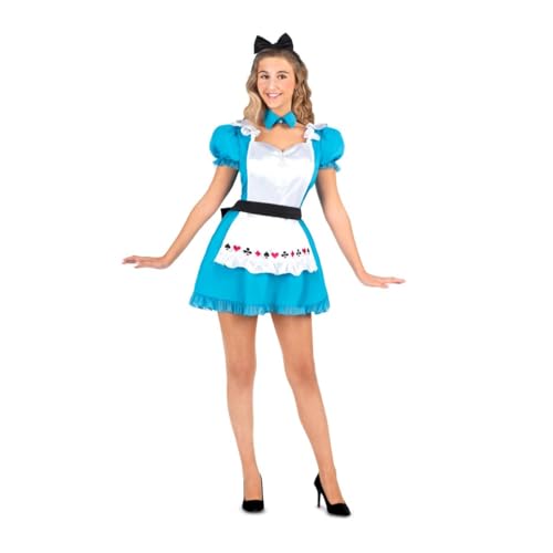 My Other Me Alicia-Kostüm für Erwachsene, Größe L, inklusive blauem Kleid mit Puffärmeln und Rüschensaum, weiße Schürze mit Karten-Symbolen, Kragen, Gürtel und schwarzem Kopfband. von My Other Me