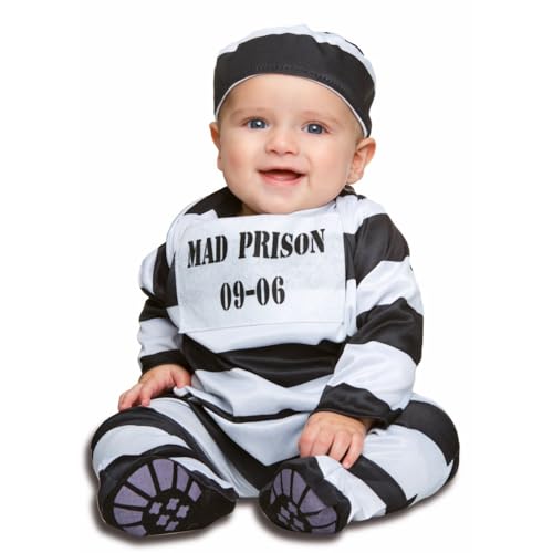 My Other Me Baby-Kostüm, Unisex, Größe 0-6 Monate. Inklusive Overall und schwarz-weiß gestreifter Mütze mit dem Schild MAD PRISON 09-06 Zoll, das das Gefängnis und die Nummer des Gefängnisses von My Other Me