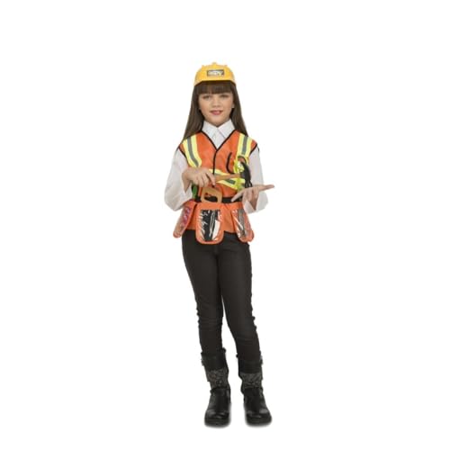 My Other Me Baustellen-Kostüm für Unisex in Orange und Gelb, mit Weste mit Taschen, Helm, Brille und Werkzeugen aus Kunststoff (Säge, Hammer, Axt und Ständer), Größe 3-5 Jahre von My Other Me