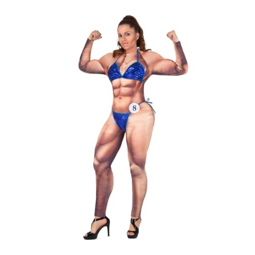 My Other Me Bodybuilder-Kostüm für Damen, Einheitsgröße (S bis L), inklusive langem Overall mit Polsterung aus Muskeln und Hintern, zweiteiliger blauer Bikini und Plakette für Teilnehmer. von My Other Me