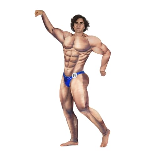 My Other Me Bodybuilder-Kostüm für Herren, Einheitsgröße (S bis L), inklusive langem Overall mit Polsterung aus nacktem und muskulösem Körper, blauem Badeanzug und Teilnehmerplatte. von My Other Me