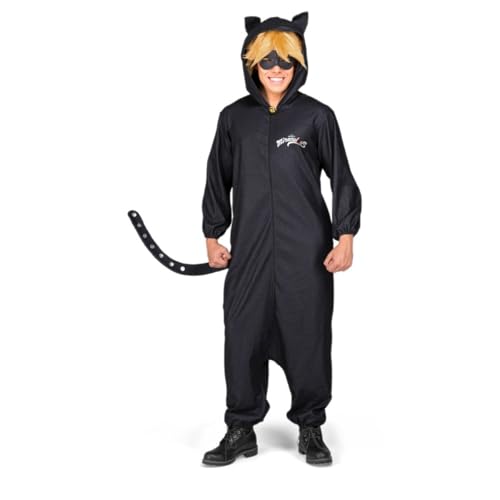 My Other Me Cat-Noir-Kostüm für Erwachsene, Unisex, Größe XS. Inklusive schwarzem Overall, Kapuze mit Ohren, geometrisches Muster, Glöckchen, Schwanz, blonde Perücke und Augenmaske. von My Other Me
