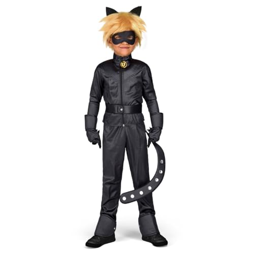 My Other Me Cat Noir Kostüm für Kinder, schwarz, mit Jacke mit Glöckchen, Hose, Gürtel mit Schwanz, Handschuhe, Augenmaske, Perücke mit Ohren und Ring, Größe 6-8 Jahre von My Other Me