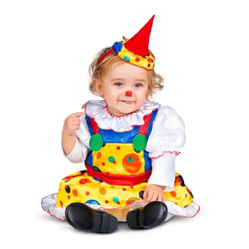 My Other Me Clown-Kostüm für Babys und Mädchen, mit Kopfschmuck und mehrfarbigem Kleid mit Punkten, großen Knöpfen und Trägern, Größe 12-24 Monate. Perfekt für die farbenfrohsten Partys von My Other Me