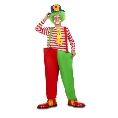 My Other Me Clown-Kostüm für Kinder, Unisex, Größe 10 – 12 Jahre, inklusive weiß und rot gestreiftem T-Shirt mit bunten gelben Krawatten und zweifarbiger Hose mit Trägern und Bügel. von My Other Me