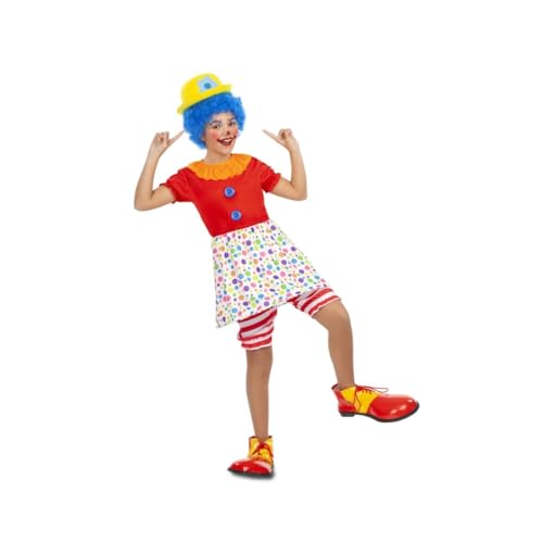 My Other Me - Clown-Kostüm für Mädchen, Größe 10-12 Jahre, inklusive Kleid mit Ring, rot mit orangefarbenem Kragen und blauen Knöpfen, weißem gepunktetem Rock und weißen und roten gestreiften Pololen. von My Other Me